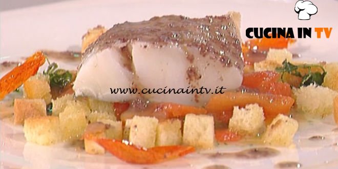 La Prova del Cuoco - Stocco con pomodorini all’origano crema di pane e pesto di olive ricetta Gilberto Rossi