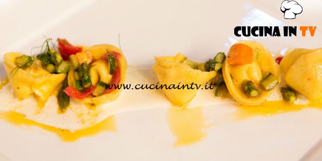Masterchef Italia 6 - ricetta Maltagliati con verdure gamberi di Mazzara e fondutina di parmigiano e vaniglia di Giulia Brandi