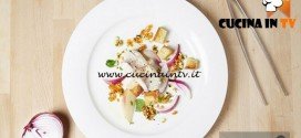 Masterchef 5 - ricetta Coda di rospo marinata con verdure pesche acerbe e aceto di fiori di Bruno Barbieri