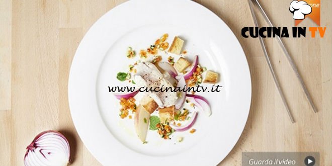 Masterchef 5 - ricetta Coda di rospo marinata con verdure pesche acerbe e aceto di fiori di Bruno Barbieri