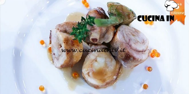 Masterchef 5 - ricetta Coniglio farcito di scampo con carciofo e uova di salmone di Laura