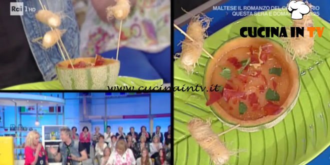 La Prova del Cuoco - Crema di melone con scampi e prosciutto croccante ricetta Andrea Mainardi