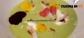 Cotto e mangiato - Crema di piselli carpaccio di seppia e stracciatella di bufala ricetta Tessa Gelisio