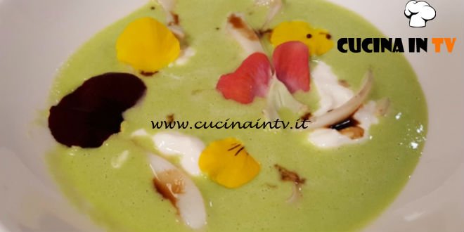 Cotto e mangiato - Crema di piselli carpaccio di seppia e stracciatella di bufala ricetta Tessa Gelisio