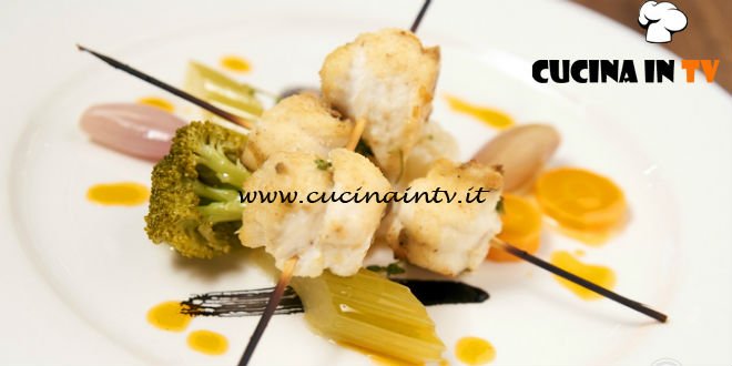 Masterchef Italia 6 - ricetta Spiedo di riccioli di sogliola croccanti con giardiniera di verdure e olio di capperi e pomodori di Bruno Barbieri