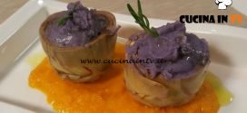 Cotto e mangiato - Fondi di carciofo con purè di patate viola su ragù di zucca ricetta Tessa Gelisio