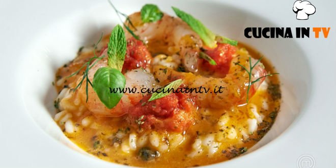 Masterchef Italia 7 - ricetta Risotto con gamberi viola di Sanremo estratto di pomodoro e origano di Vendicari di Fabio Pisani e Alessandro Negrini