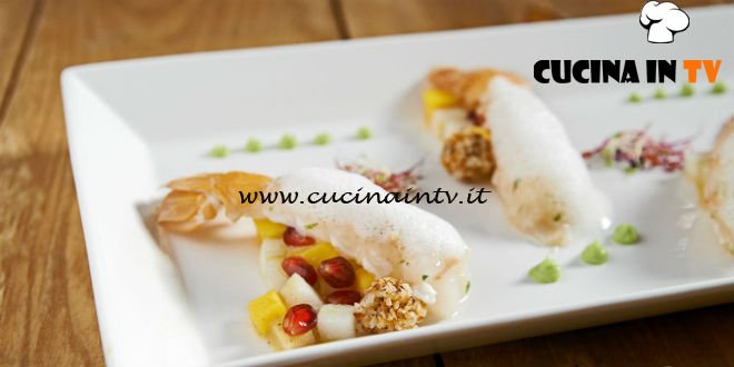 Masterchef Italia 7 - ricetta Scampi con frutta tropicale e aria di cocco di Joayda Herrera