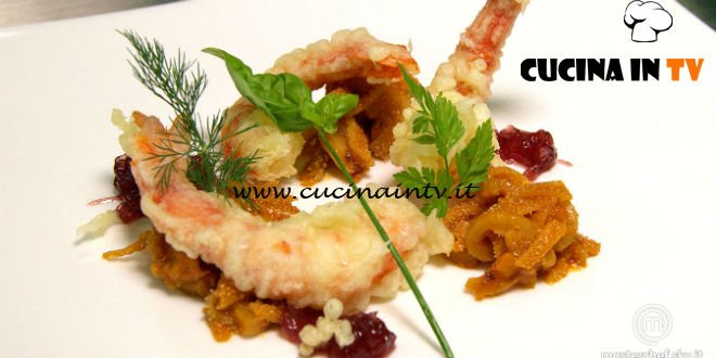 Masterchef Italia 7 - ricetta Trippa di vitello cipolla candita e gamberi in tempura di Antonino Cannavacciuolo